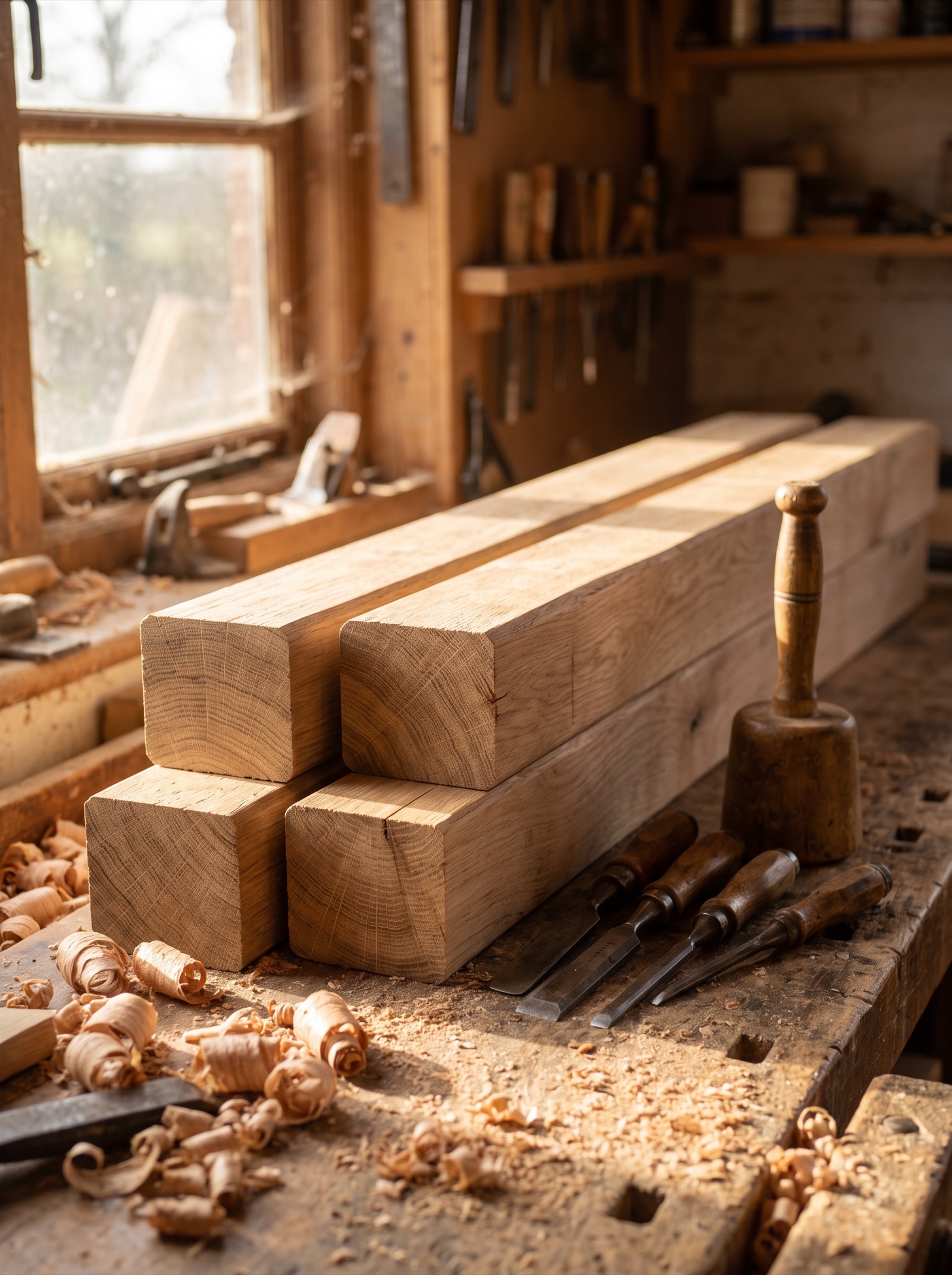 Planed oak beams and hand tools on the bench in the Hartwood joinery workshop