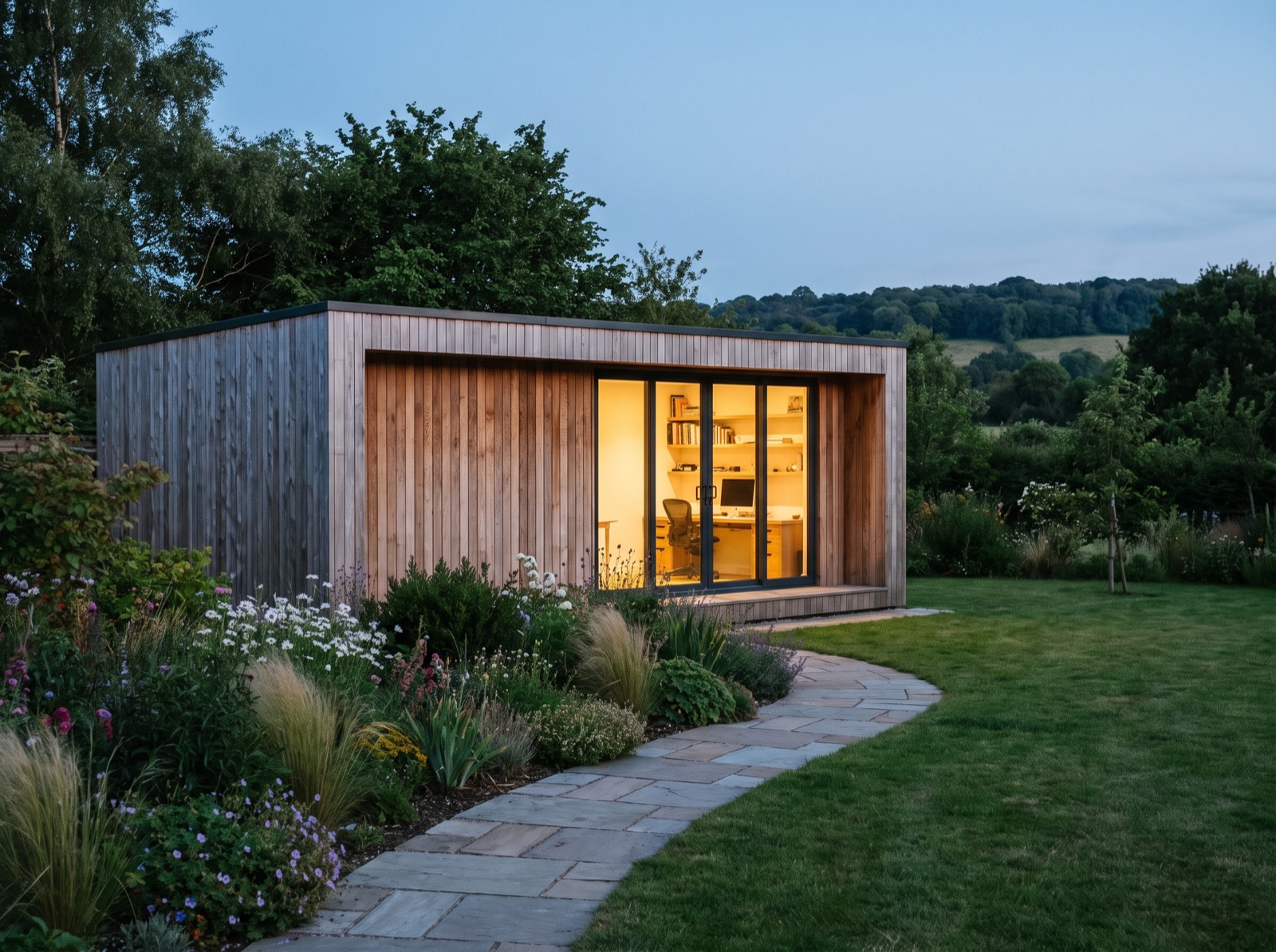 Cedar-clad garden studio glowing at dusk, Farnham