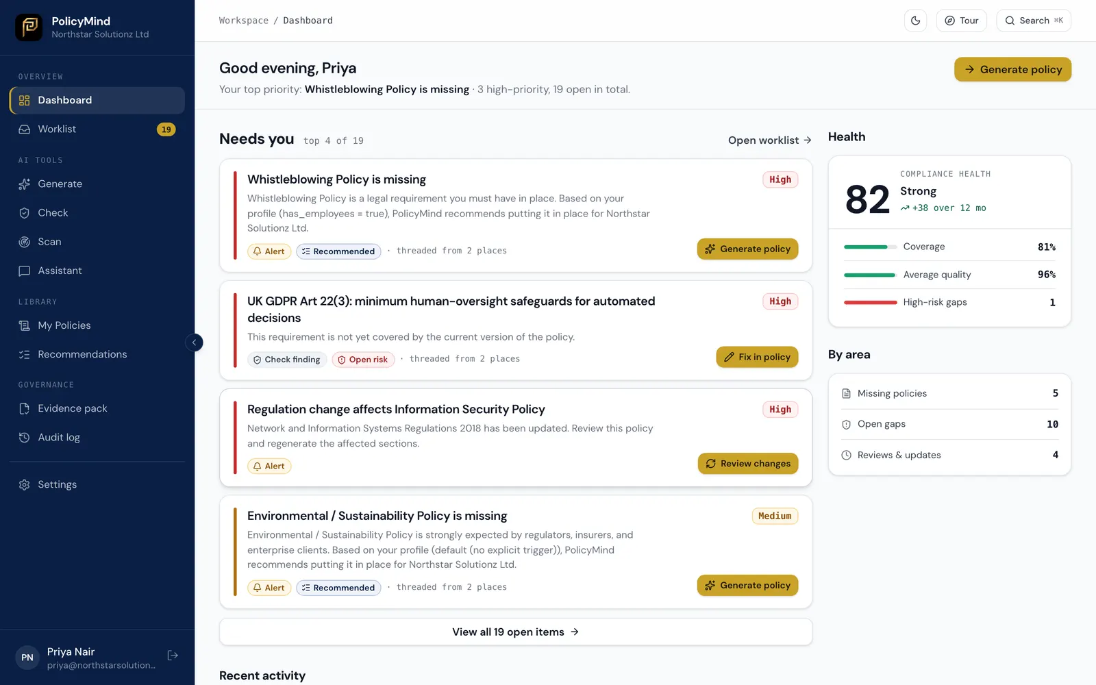 PolicyMind dashboard showing the compliance health score and prioritised worklist