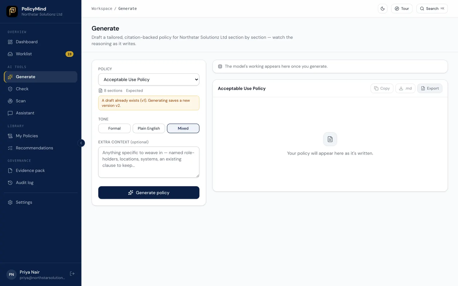 AI policy generator drafting a policy section by section with cited UK guidance