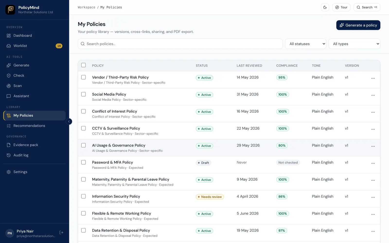 Policy library listing required and recommended policies with their status