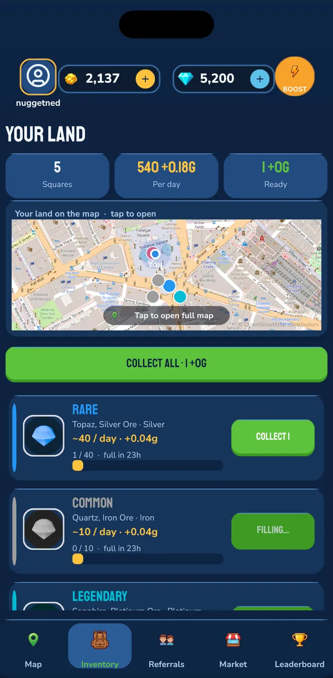 Your Land screen listing claimed squares, daily yield and the Collect All action