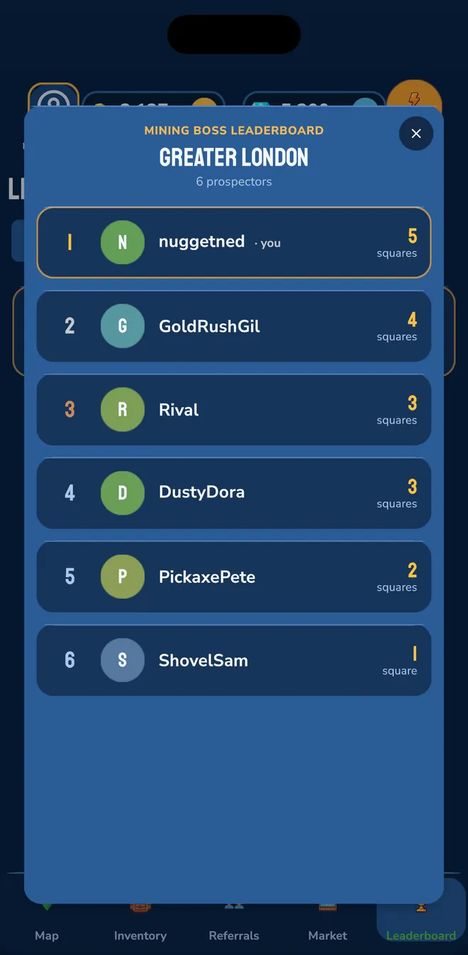 Mining Boss leaderboard for Greater London ranking prospectors by squares held