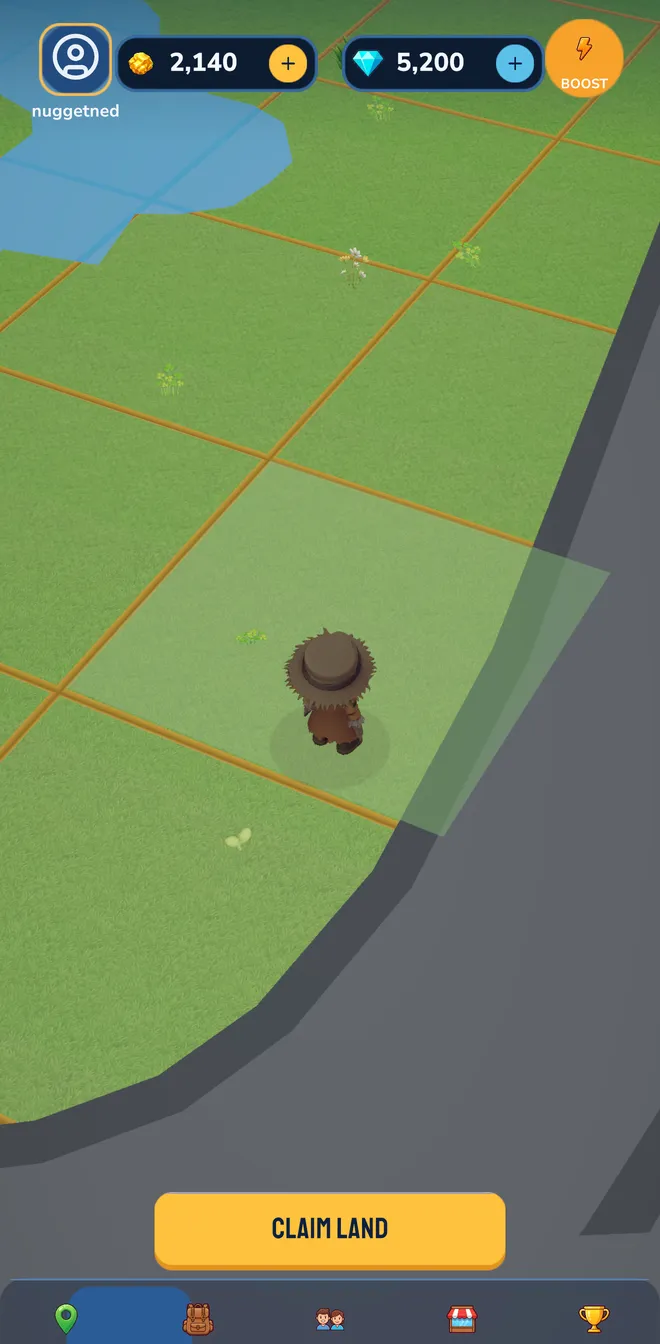 Prospectour 3D world view with the claim grid overlaid on real streets and a Claim Land button