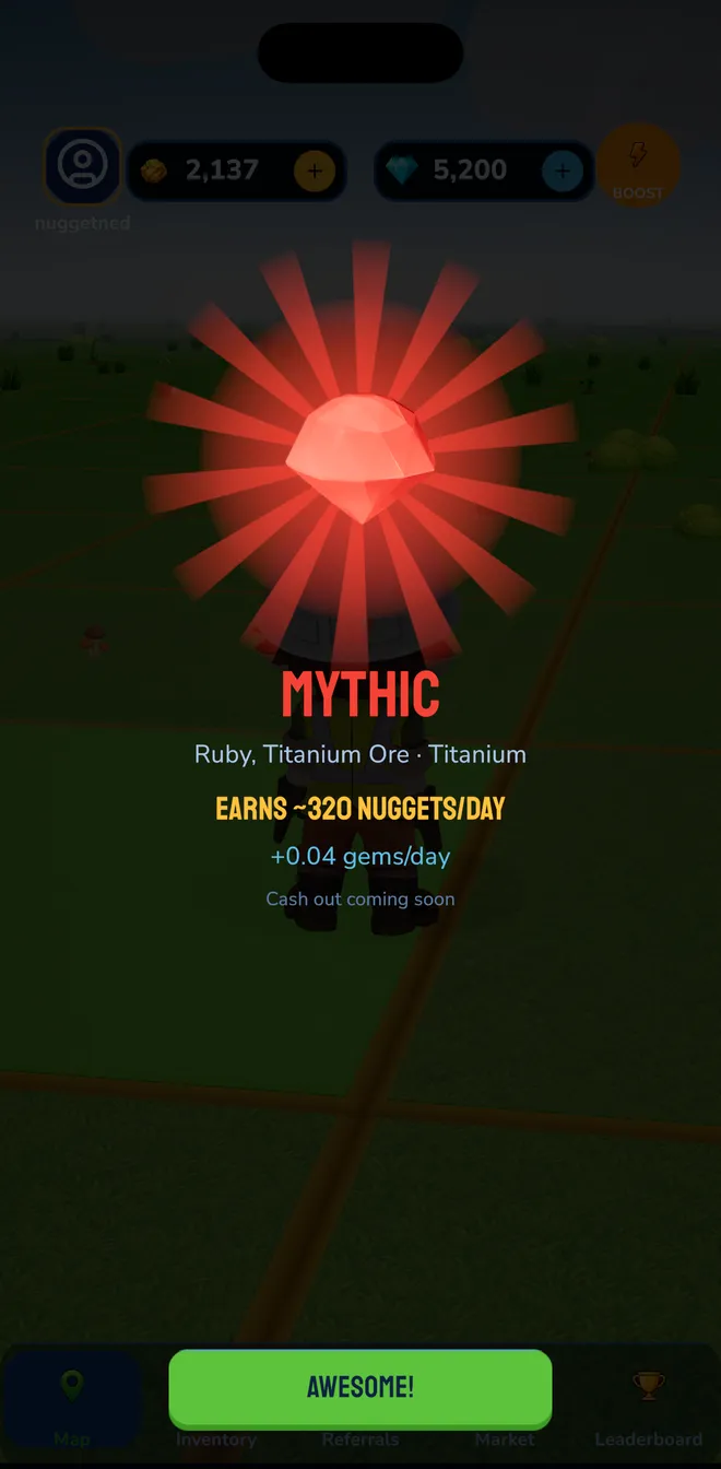 Rarity reveal screen showing a Mythic claim earning around 320 nuggets a day